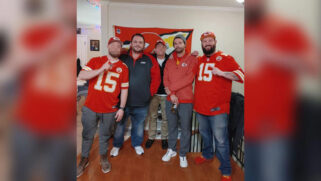 David Harrington, far left, Clayton McGeeney, second from right, and Ricky Johnson, right, were found dead in their friend's backyard two days after they had gathered to watch the Kansas City Chiefs game.