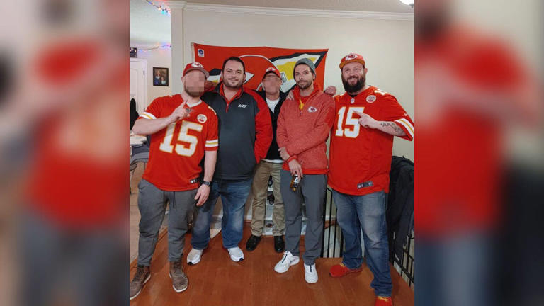 David Harrington, far left, Clayton McGeeney, second from right, and Ricky Johnson, right, were found dead in their friend's backyard two days after they had gathered to watch the Kansas City Chiefs game.